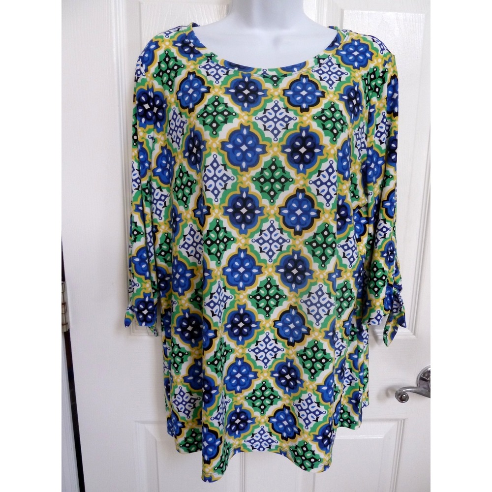 Pappagallo Women L Colorful Tunic Top Office Career Pullover Tie Sleeves Blouse